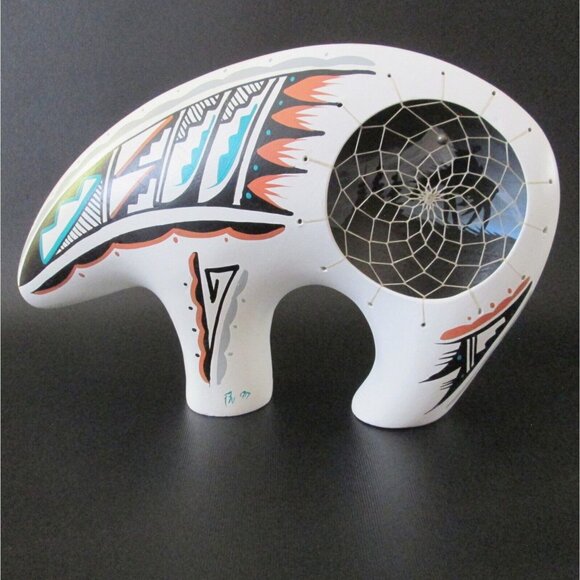 Large Ceramic Pottery Fetish Bear Has Dreamcatcher Native American Tribal Signed - Picture 1 of 10